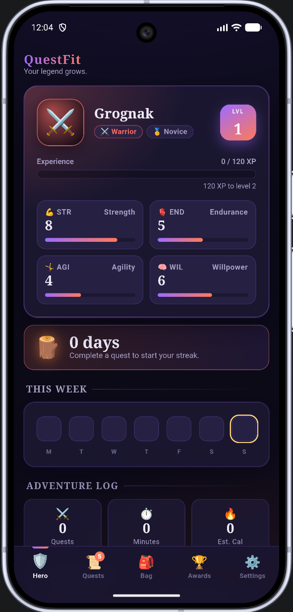 QuestFit app dashboard