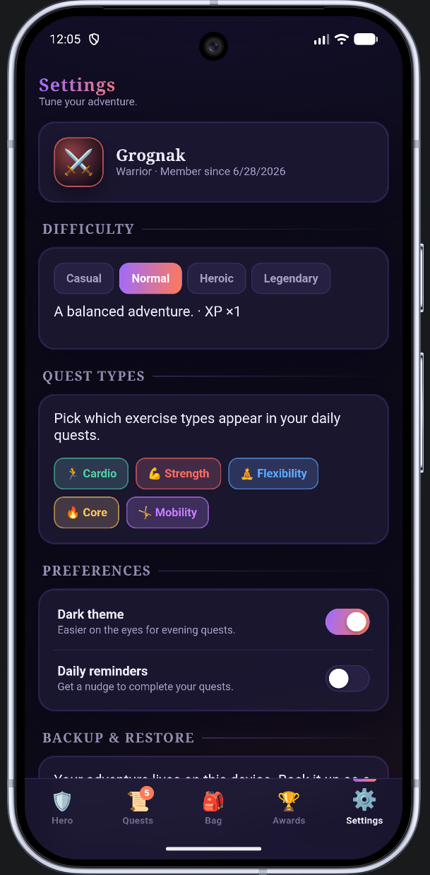 QuestFit settings — difficulty, quest types, and reminders