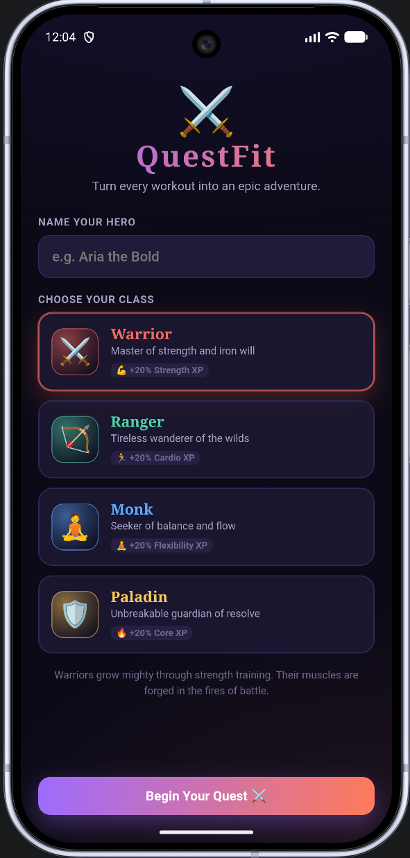 QuestFit character creation screen — name your hero and choose a class